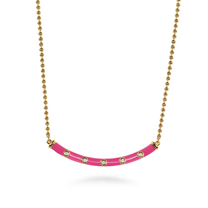 Enamel - 14K Yellow Gold Diamond Bar Necklace with Fuchsia Enamel