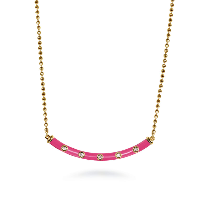 Enamel - 14K Yellow Gold Diamond Bar Necklace with Fuchsia Enamel - 0.09 ct - Shot 1