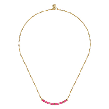 Enamel - 14K Yellow Gold Diamond Bar Necklace with Fuchsia Enamel