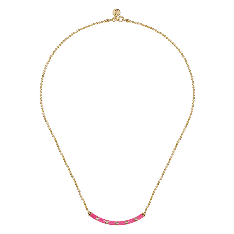 Enamel - 14K Yellow Gold Diamond Bar Necklace with Fuchsia Enamel - 0.09 ct - Shot 2