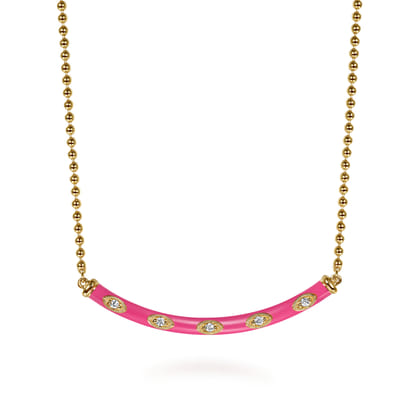 Enamel - 14K Yellow Gold Diamond Bar Necklace with Fuchsia Enamel