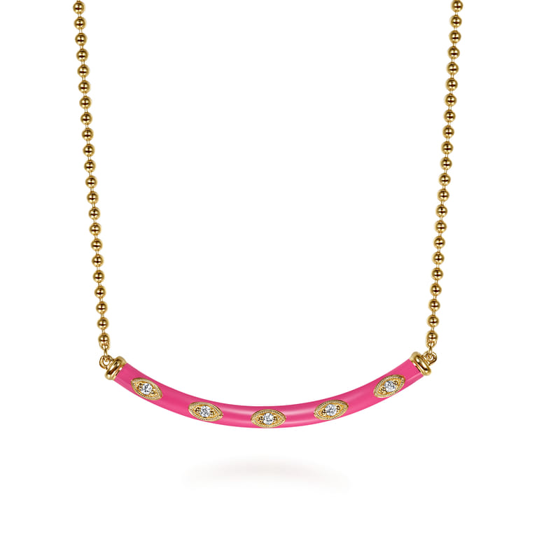 Enamel - 14K Yellow Gold Diamond Bar Necklace with Fuchsia Enamel - 0.09 ct - Shot 1