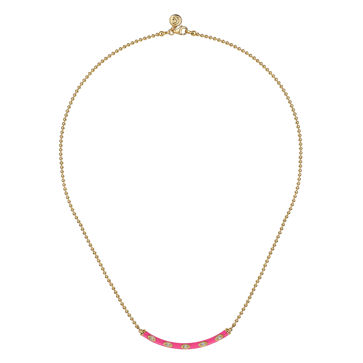 Enamel - 14K Yellow Gold Diamond Bar Necklace with Fuchsia Enamel