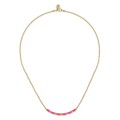 Enamel - 14K Yellow Gold Diamond Bar Necklace with Fuchsia Enamel