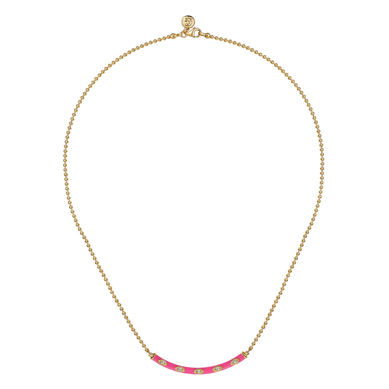 Enamel - 14K Yellow Gold Diamond Bar Necklace with Fuchsia Enamel - 0.09 ct - Shot 2