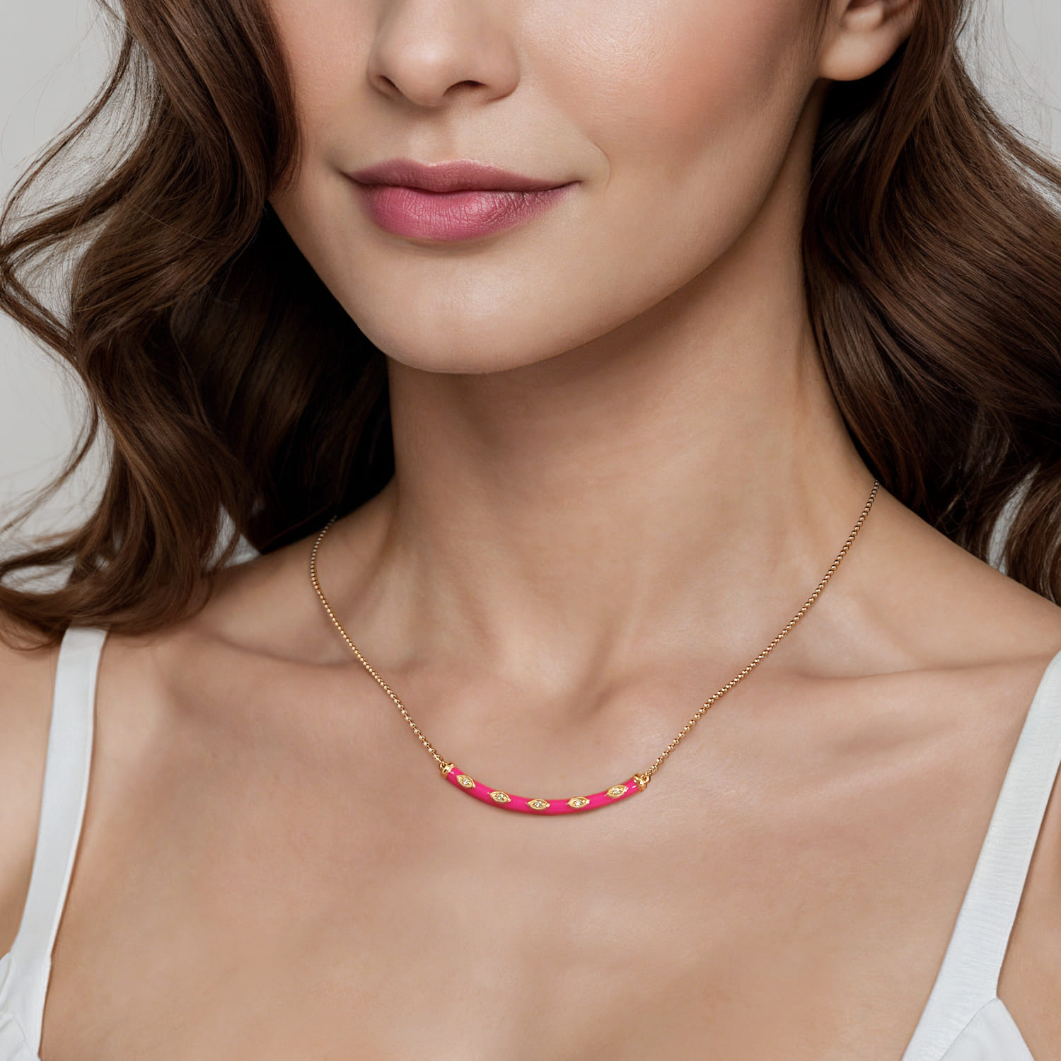 Enamel - 14K Yellow Gold Diamond Bar Necklace with Fuchsia Enamel - 0.09 ct - Shot 4