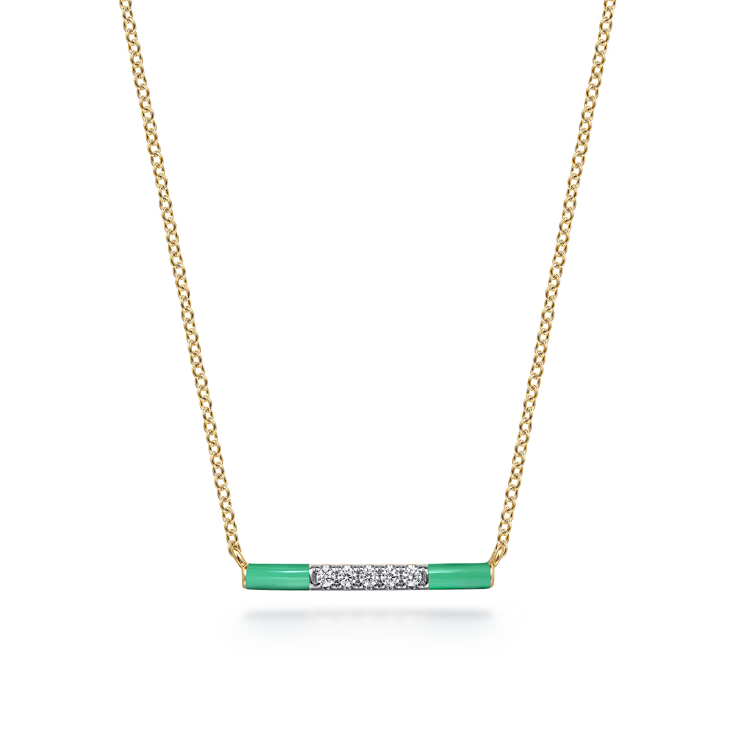 Enamel - 14K Yellow Gold Diamond Bar Necklace with Mint Green Enamel - 0.06 ct - Shot 1