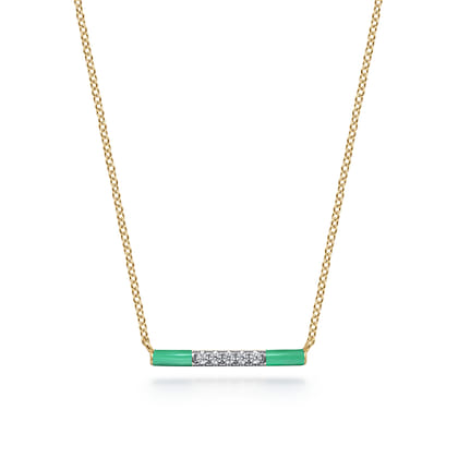 Enamel - 14K Yellow Gold Diamond Bar Necklace with Mint Green Enamel