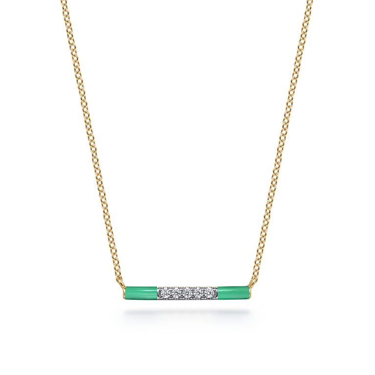 Enamel - 14K Yellow Gold Diamond Bar Necklace with Mint Green Enamel - 0.06 ct - Shot 1