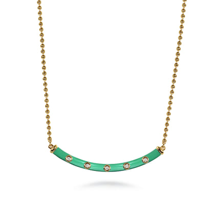 Enamel - 14K Yellow Gold Diamond Bar Necklace with Mint Green Enamel