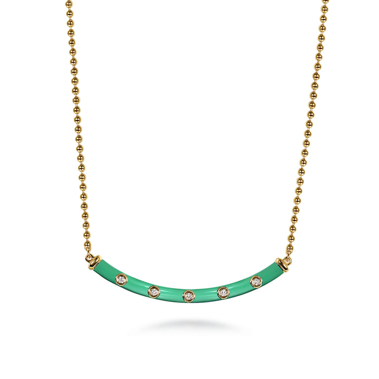 Enamel - 14K Yellow Gold Diamond Bar Necklace with Mint Green Enamel - 0.09 ct - Shot 1
