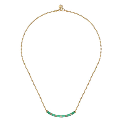 Enamel - 14K Yellow Gold Diamond Bar Necklace with Mint Green Enamel