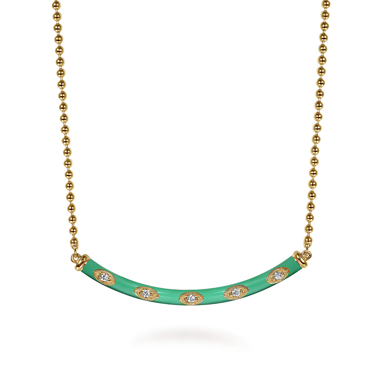Enamel - 14K Yellow Gold Diamond Bar Necklace with Mint Green Enamel - 0.09 ct - Shot 1