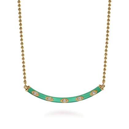 Enamel - 14K Yellow Gold Diamond Bar Necklace with Mint Green Enamel