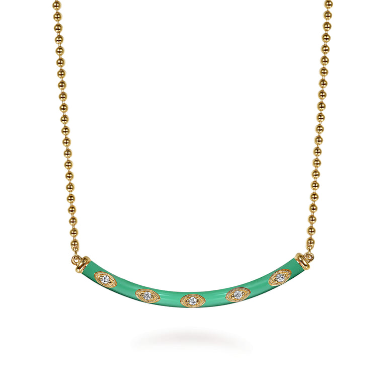 Enamel - 14K Yellow Gold Diamond Bar Necklace with Mint Green Enamel - 0.09 ct - Shot 1