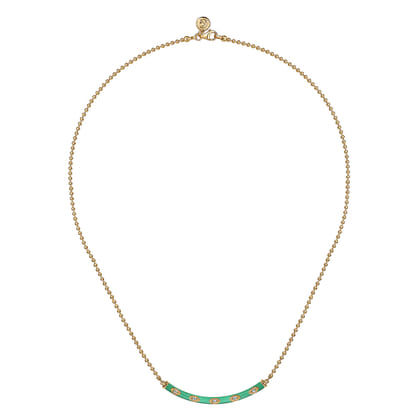 Enamel - 14K Yellow Gold Diamond Bar Necklace with Mint Green Enamel