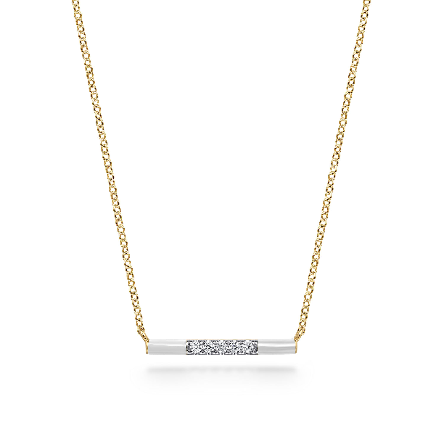 Enamel - 14K Yellow Gold Diamond Bar Necklace with White Enamel