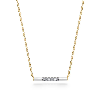 Enamel - 14K Yellow Gold Diamond Bar Necklace with White Enamel