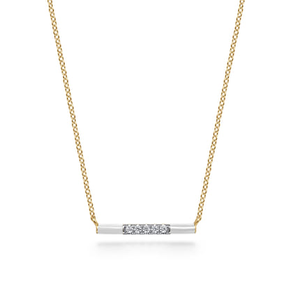 Enamel - 14K Yellow Gold Diamond Bar Necklace with White Enamel