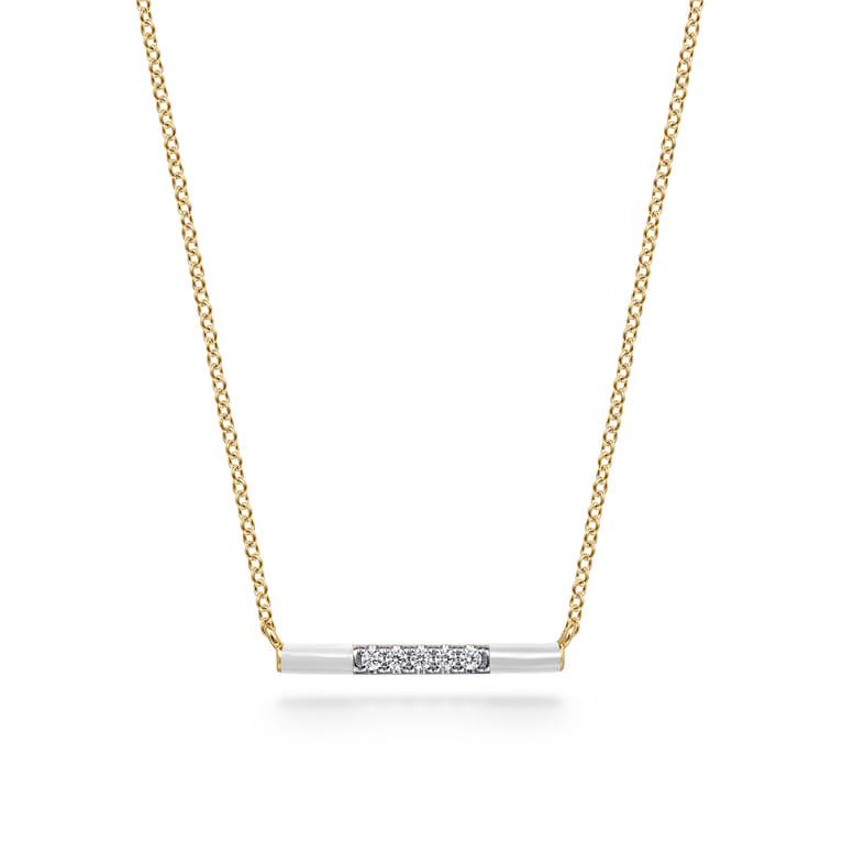 Enamel - 14K Yellow Gold Diamond Bar Necklace with White Enamel - 0.06 ct - Shot 1