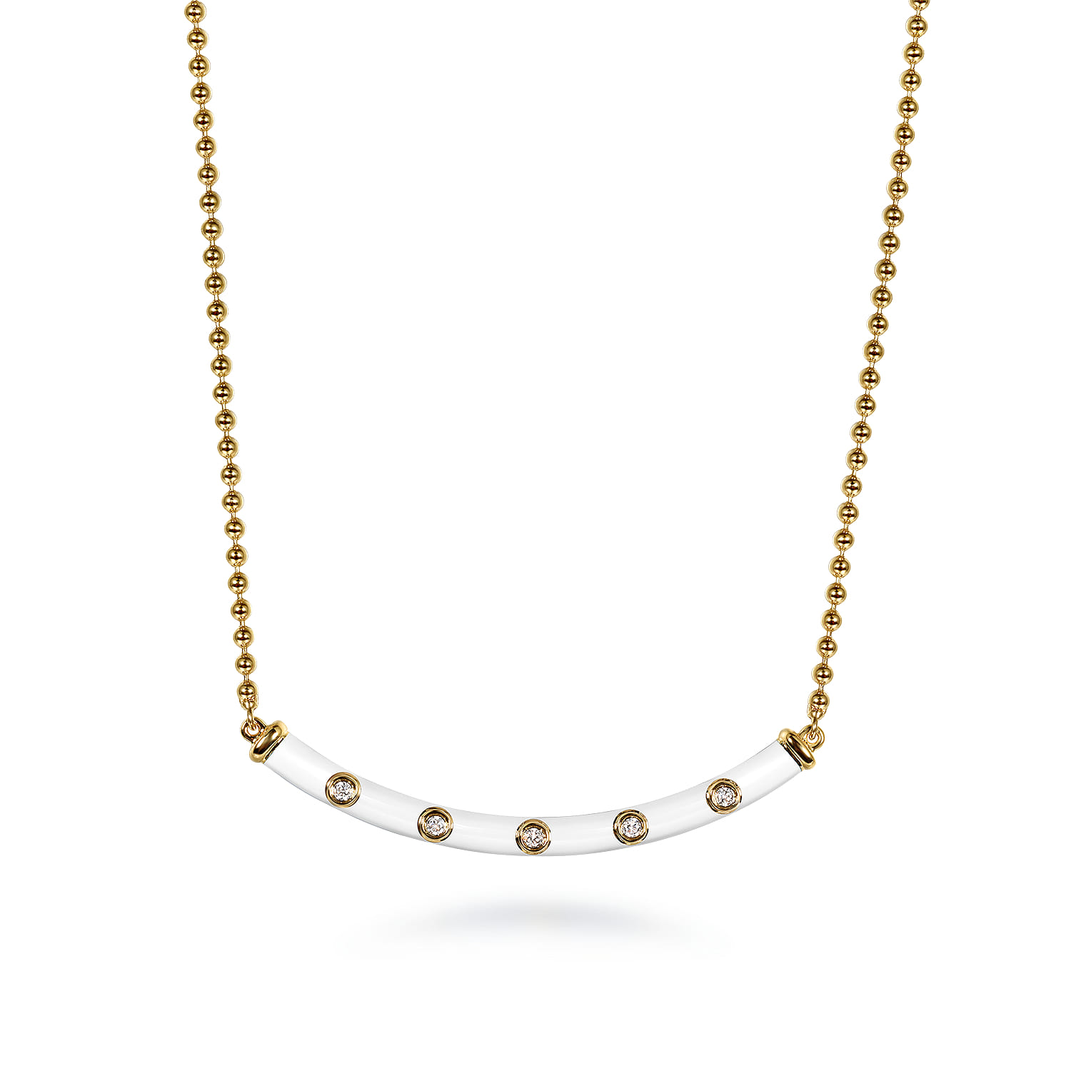 Enamel - 14K Yellow Gold Diamond Bar Necklace with White Enamel - 0.09 ct - Shot 1