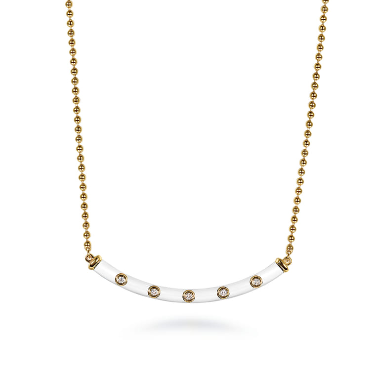 Enamel - 14K Yellow Gold Diamond Bar Necklace with White Enamel - 0.09 ct - Shot 1