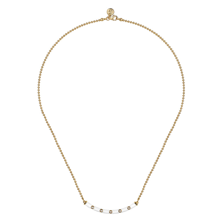 Enamel - 14K Yellow Gold Diamond Bar Necklace with White Enamel - 0.09 ct - Shot 2