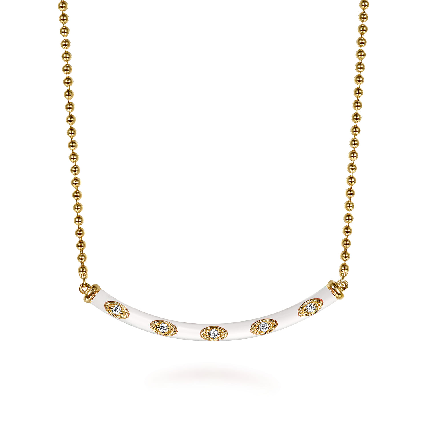 Enamel - 14K Yellow Gold Diamond Bar Necklace with White Enamel - 0.09 ct - Shot 1