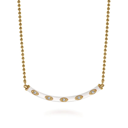 Enamel - 14K Yellow Gold Diamond Bar Necklace with White Enamel