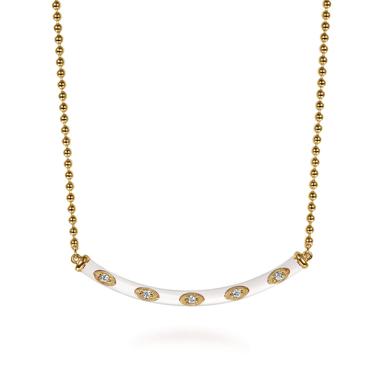 Enamel - 14K Yellow Gold Diamond Bar Necklace with White Enamel - 0.09 ct - Shot 1
