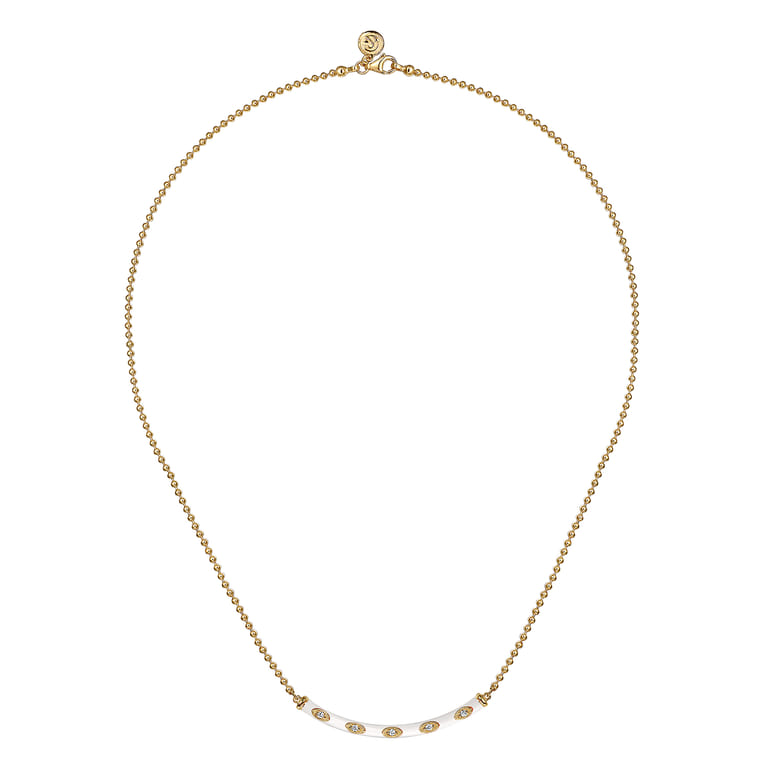 Enamel - 14K Yellow Gold Diamond Bar Necklace with White Enamel - 0.09 ct - Shot 2