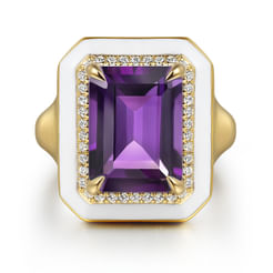 14K Yellow Gold Diamond Halo and Amethyst Cocktail Ring with White Enamel
