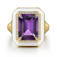 Enamel - 14K Yellow Gold Diamond Halo and Amethyst Cocktail Ring with White Enamel