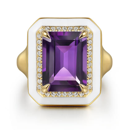 Enamel - 14K Yellow Gold Diamond Halo and Amethyst Cocktail Ring with White Enamel