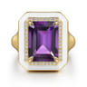 Enamel - 14K Yellow Gold Diamond Halo and Amethyst Cocktail Ring with White Enamel - 0.19 ct