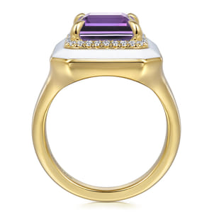 Enamel - 14K Yellow Gold Diamond Halo and Amethyst Cocktail Ring with White Enamel