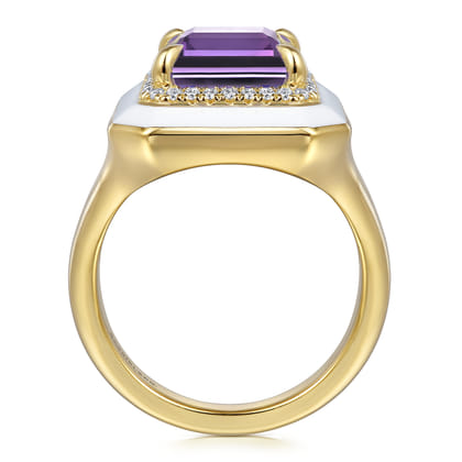 Enamel - 14K Yellow Gold Diamond Halo and Amethyst Cocktail Ring with White Enamel