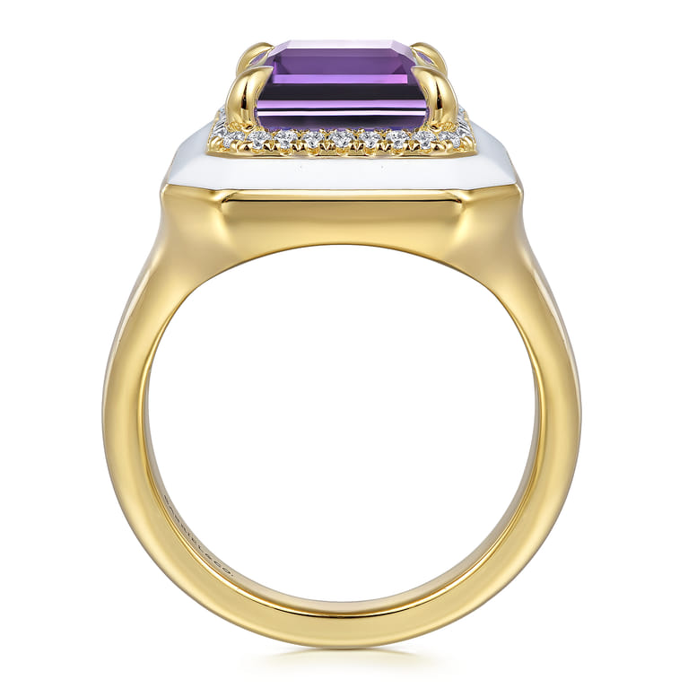 Enamel - 14K Yellow Gold Diamond Halo and Amethyst Cocktail Ring with White Enamel - 0.19 ct - Shot 2