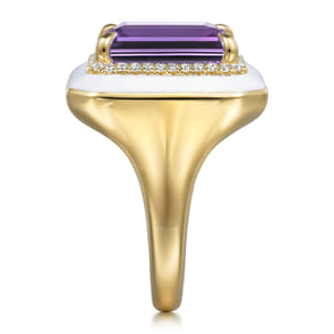 Enamel - 14K Yellow Gold Diamond Halo and Amethyst Cocktail Ring with White Enamel