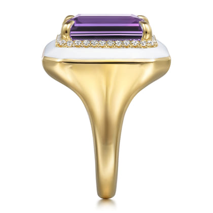 Enamel - 14K Yellow Gold Diamond Halo and Amethyst Cocktail Ring with White Enamel