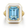 Enamel - 14K Yellow Gold Diamond Halo and Blue Topaz Cocktail Ring with White Enamel - 0.19 ct
