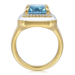 Enamel - 14K Yellow Gold Diamond Halo and Blue Topaz Cocktail Ring with White Enamel