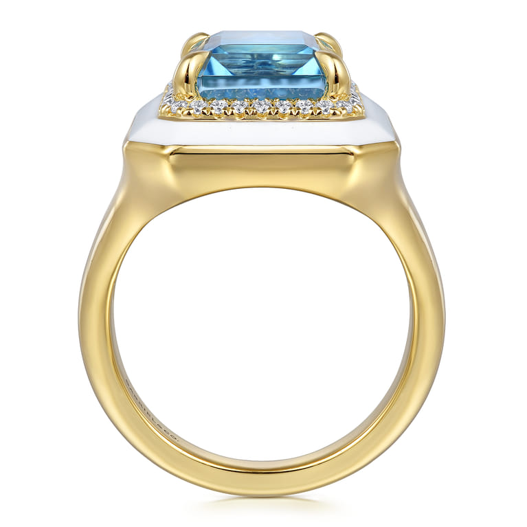Enamel - 14K Yellow Gold Diamond Halo and Blue Topaz Cocktail Ring with White Enamel - 0.19 ct - Shot 2