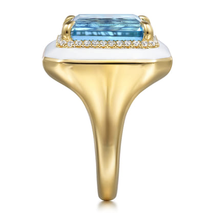 Enamel - 14K Yellow Gold Diamond Halo and Blue Topaz Cocktail Ring with White Enamel