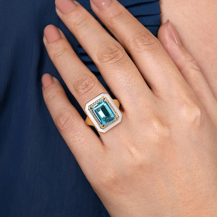 Enamel - 14K Yellow Gold Diamond Halo and Blue Topaz Cocktail Ring with White Enamel