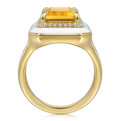 Enamel - 14K Yellow Gold Diamond Halo and Citrine Cocktail Ring with White Enamel