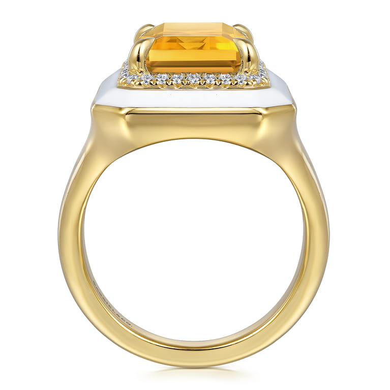 Enamel - 14K Yellow Gold Diamond Halo and Citrine Cocktail Ring with White Enamel - 0.19 ct - Shot 2