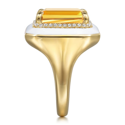 Enamel - 14K Yellow Gold Diamond Halo and Citrine Cocktail Ring with White Enamel