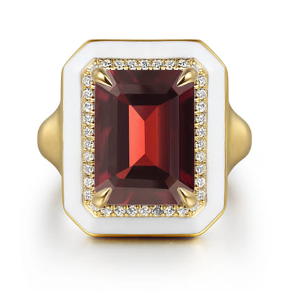 Enamel - 14K Yellow Gold Diamond Halo and Garnet Cocktail Ring with White Enamel