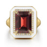 Enamel - 14K Yellow Gold Diamond Halo and Garnet Cocktail Ring with White Enamel - 0.19 ct